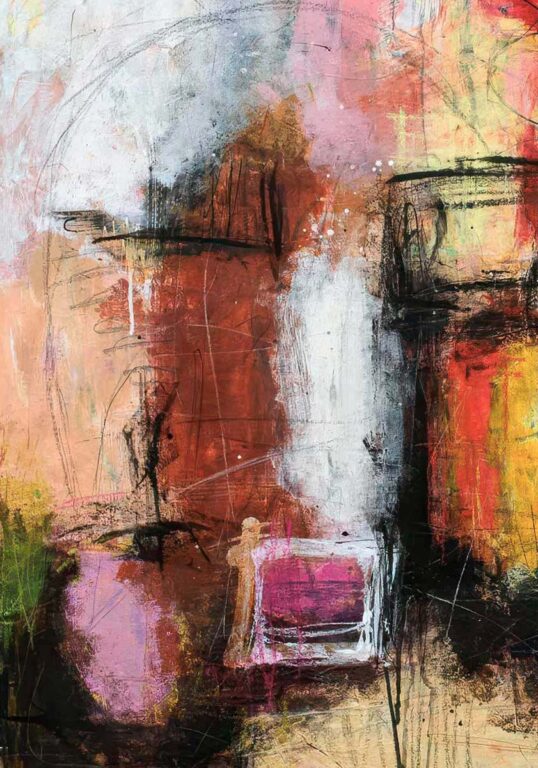 Abstrakt kunst med rolige farvefelter til en afbalanceret væg i soveværelset