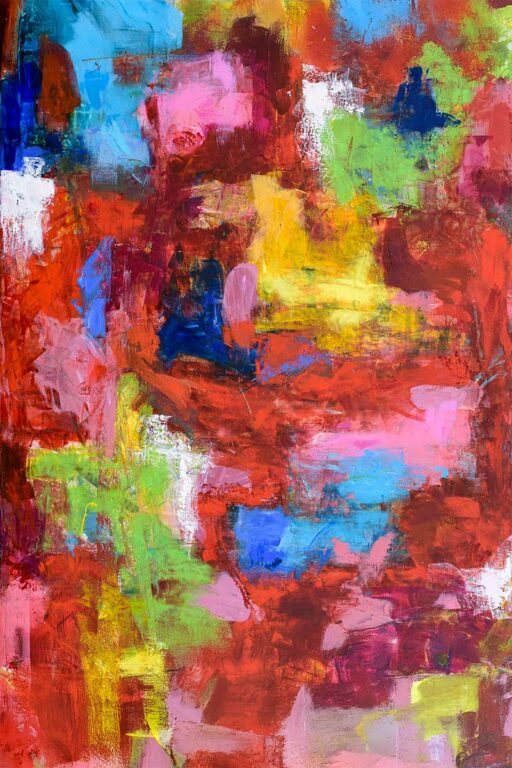 Abstrakt kunstmotiv med stærke farver til kunst over sofaen i stuen