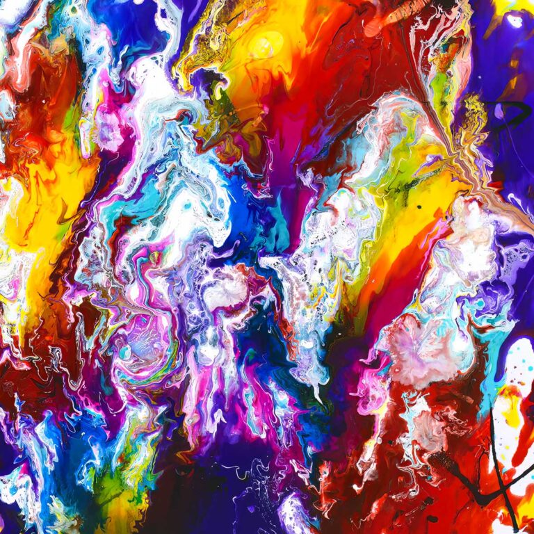 Farverig kunst med kontrast og bevægelse som fokuspunkt i køkken eller alrum