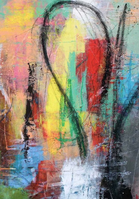 Original kunst med lag og spartelspor til væggen i entréen